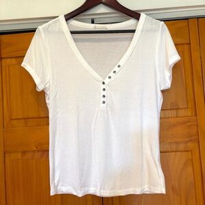 LoveStitch Ribbed Short Sleeve Henley T-Shirt Size Large White 95% Bamboo V-Neck